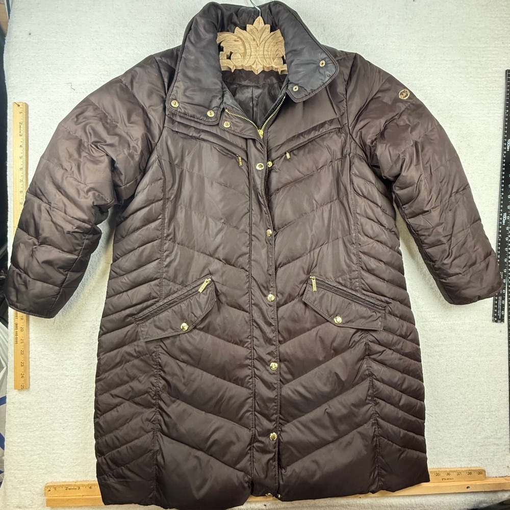 Michael Kors Womens 1X Brown Chevron Quilted Puffer Coat Gold Hardware